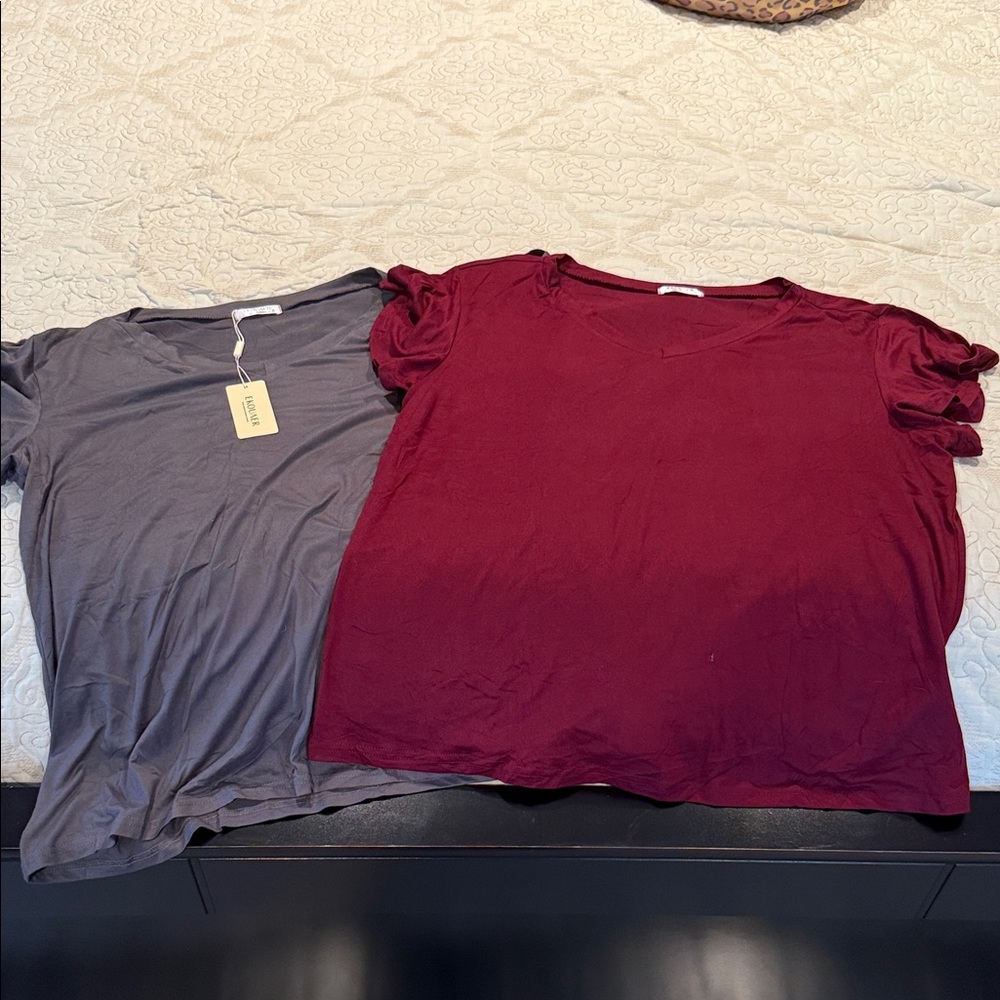 2 Stylish Women's Short Sleeve Tops in Gray and Red